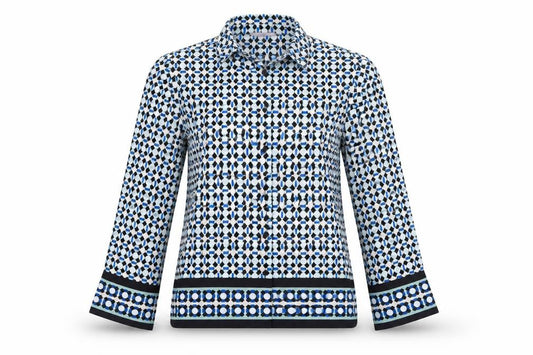 Front view of H&M women’s multicoloured geometric button-up shirt, size UK 12, long sleeve polyester