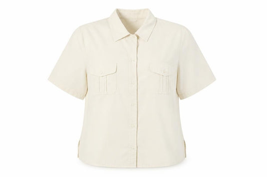 Front view of Barkertel women’s ivory button-up shirt, size UK 16, short sleeve polyester