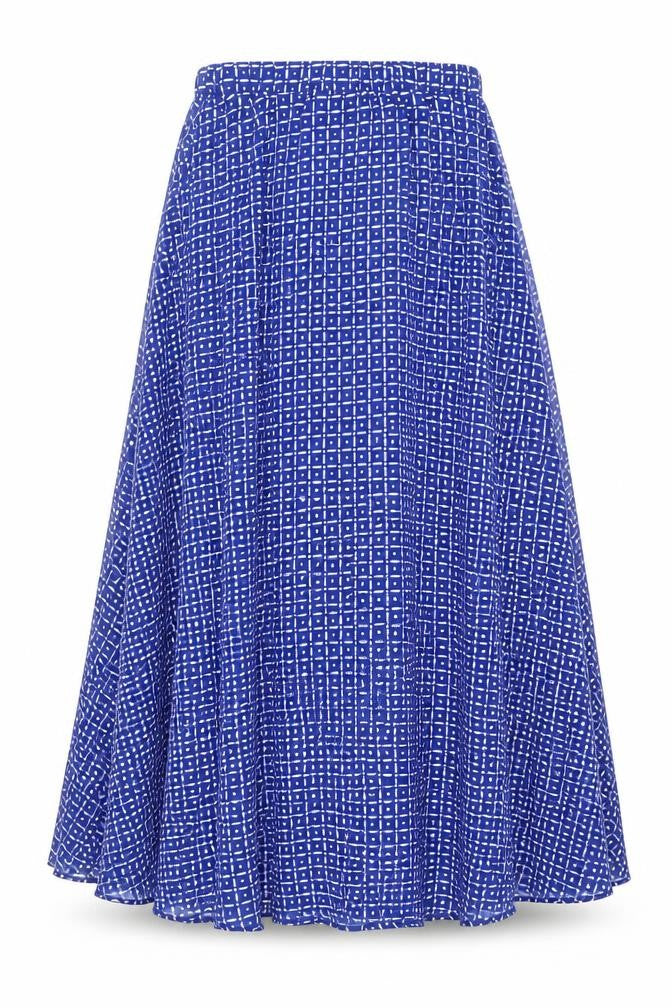 Front view of Next Women’s Blue Geometric Pleated Polyester Skirt, size UK 8