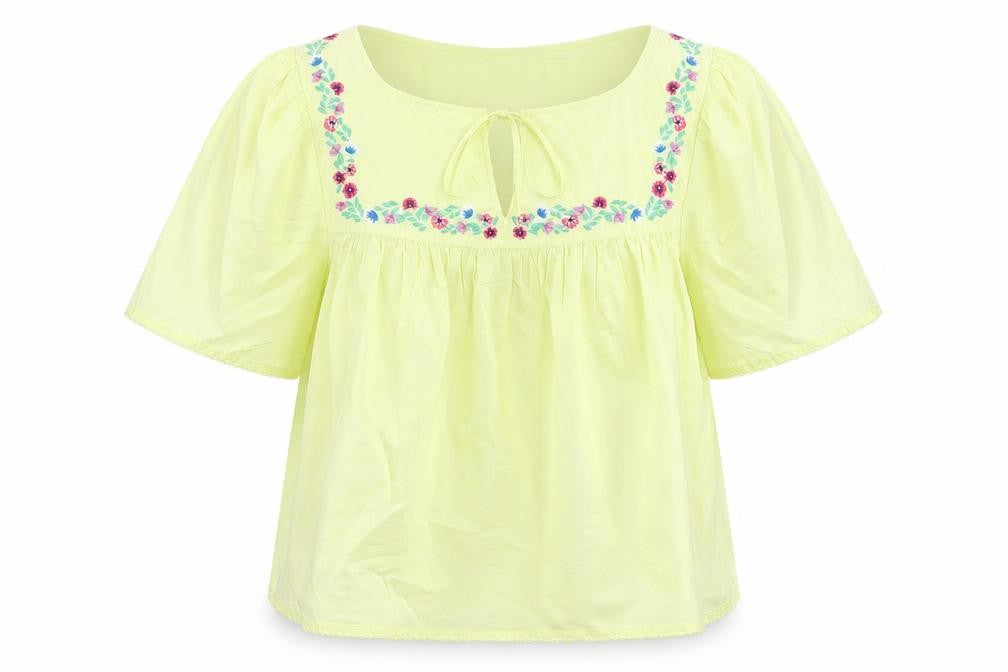 Front view of Marks & Spencer women’s yellow embroidered tunic blouse, size UK 8