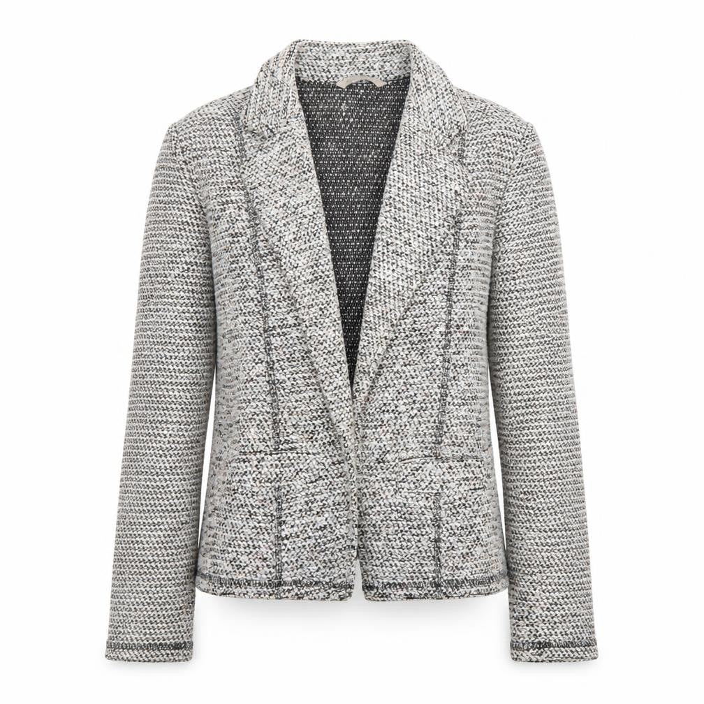 Front view of Marks & Spencer women’s grey bouclé blazer jacket, size UK 12