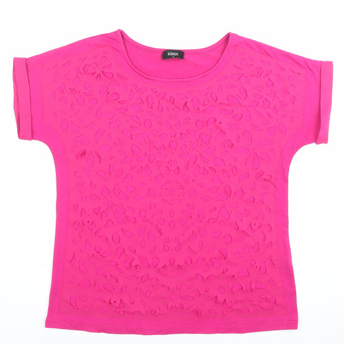 Klass Womens Pink Floral Cutout Round Neck Short Sleeve T-Shirt Size M