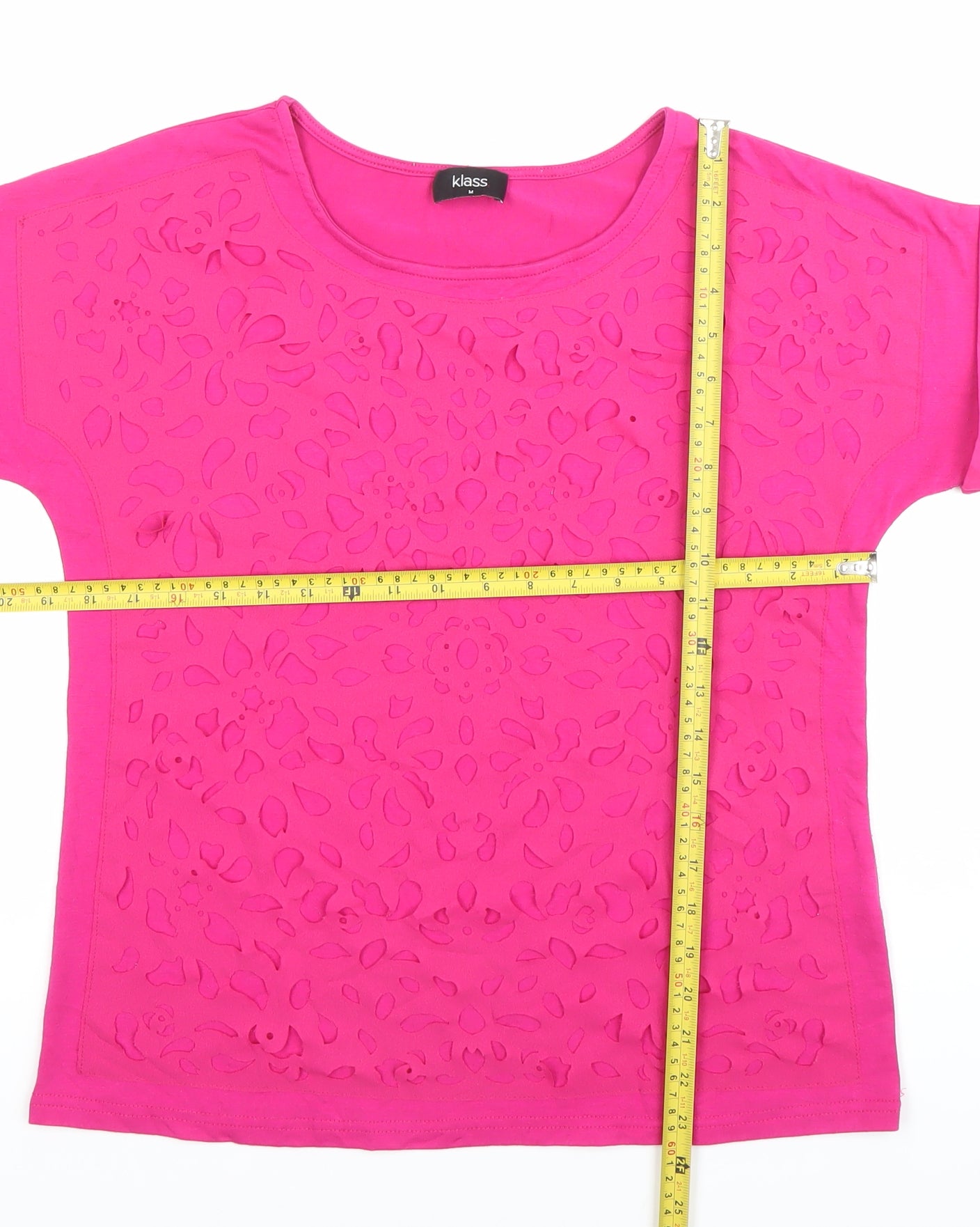 Klass Womens Pink Floral Cutout Round Neck Short Sleeve T-Shirt Size M