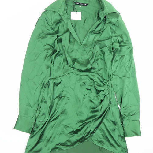 Zara Women’s Green Satin Wrap Dress Size 10 Long Sleeve Party