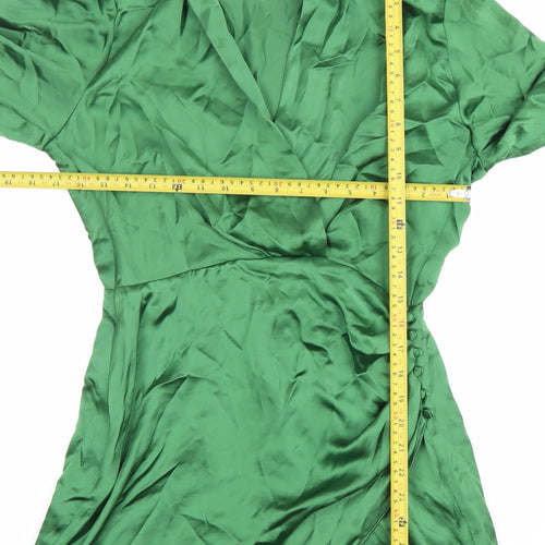 Zara Women’s Green Satin Wrap Dress Size 10 Long Sleeve Party