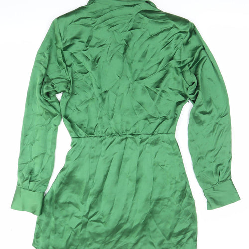 Zara Women’s Green Satin Wrap Dress Size 10 Long Sleeve Party