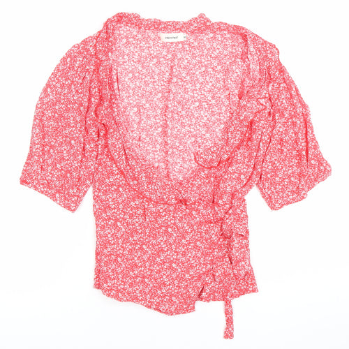 Sweewe Womens Red Floral Wrap Blouse Size M 3/4 Puff Sleeve V Neck