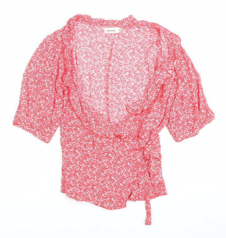 Sweewe Womens Red Floral Wrap Blouse Size M 3/4 Puff Sleeve V Neck