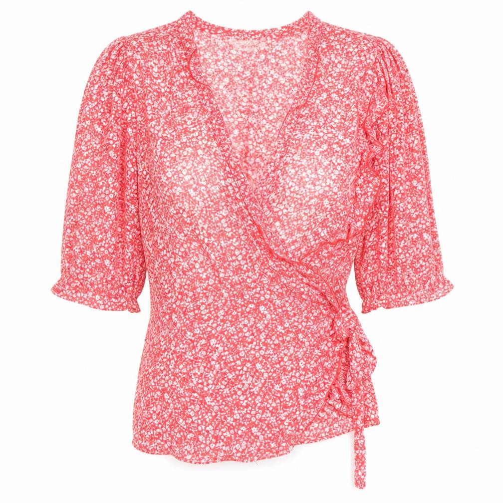 Sweewe Womens Red Floral Wrap Blouse Size M 3/4 Puff Sleeve V Neck