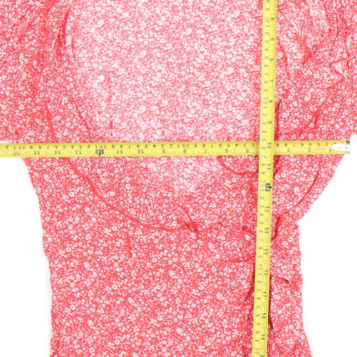 Sweewe Womens Red Floral Wrap Blouse Size M 3/4 Puff Sleeve V Neck
