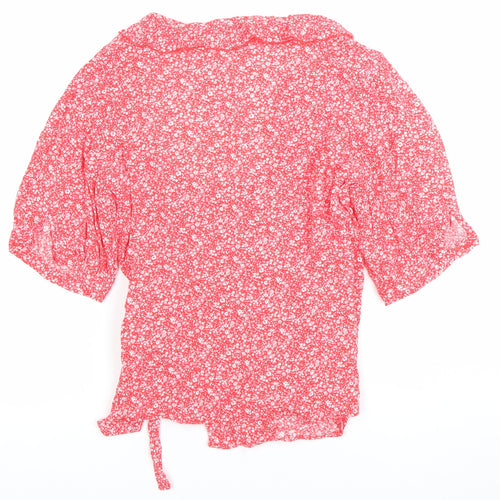 Sweewe Womens Red Floral Wrap Blouse Size M 3/4 Puff Sleeve V Neck