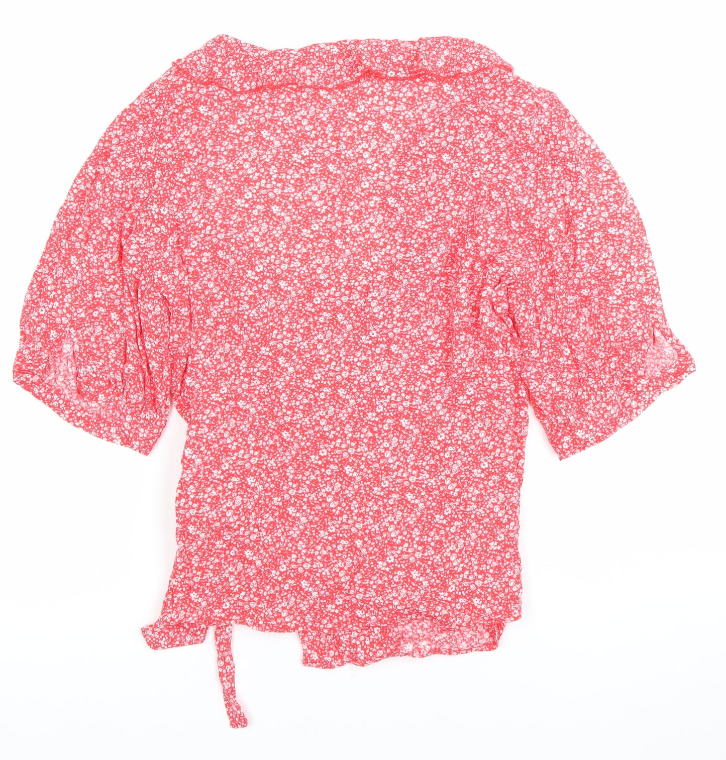 Sweewe Womens Red Floral Wrap Blouse Size M 3/4 Puff Sleeve V Neck