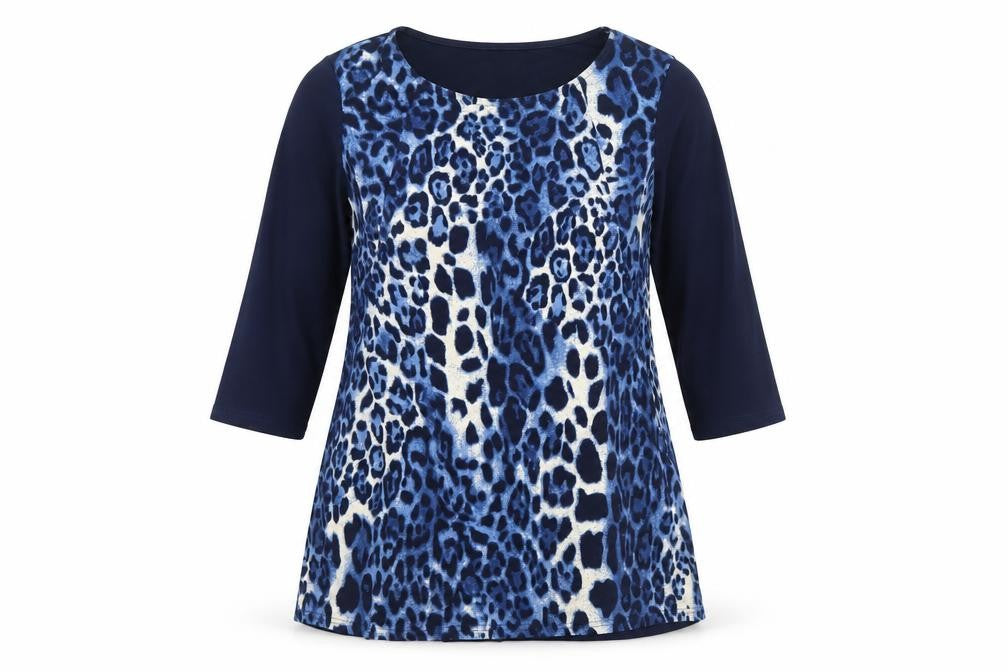 Front view of Julipa women’s blue leopard print shift dress, size UK 14, 3/4 sleeve
