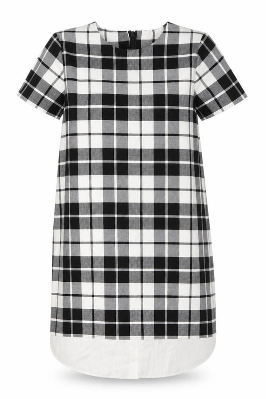 Front view of Zara Women Black Check Short Sleeve Shift Dress, size S