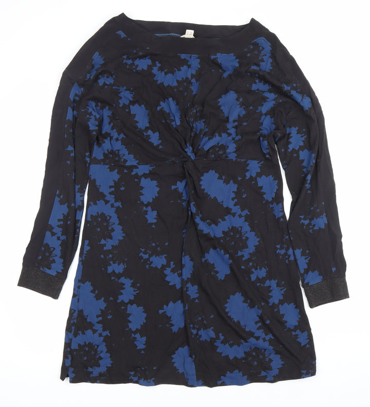 Wallis Women’s Black Blue Floral Shift Dress Size 10 Long Sleeve