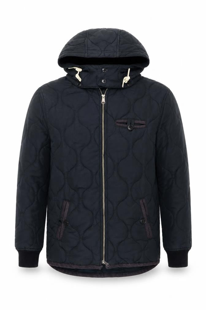 Front view of Lyle & Scott Men's Black Quilted Hooded Jacket, size M, Cotton Nylon