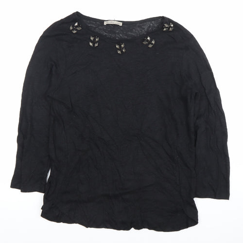 Zara Women Black Beaded Crew Neck Long Sleeve Cotton T-Shirt Size M