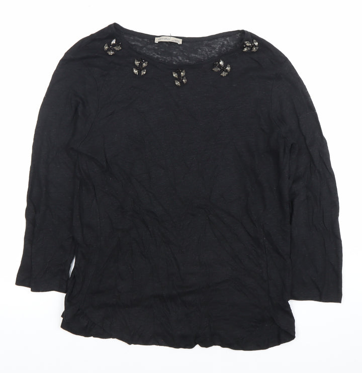Zara Women Black Beaded Crew Neck Long Sleeve Cotton T-Shirt Size M