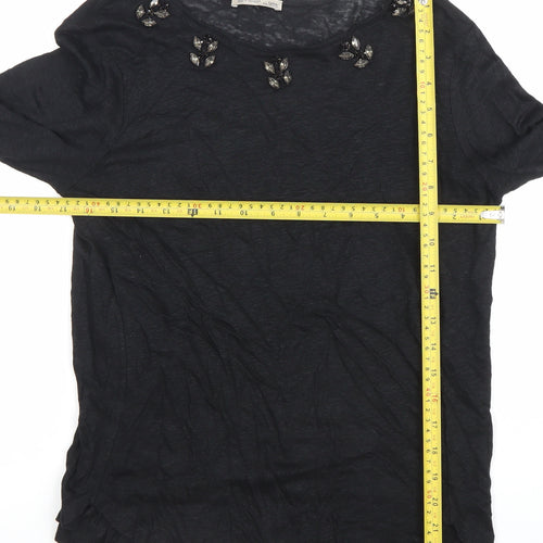 Zara Women Black Beaded Crew Neck Long Sleeve Cotton T-Shirt Size M