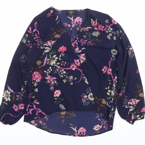 AX Paris Women’s Blue Floral Wrap Blouse Size 12 Long Sleeve Top