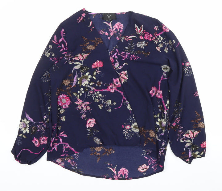 AX Paris Women’s Blue Floral Wrap Blouse Size 12 Long Sleeve Top