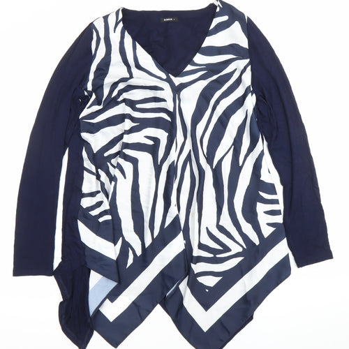 Roman Womens Blue Zebra Print Tunic Blouse Long Sleeve S V-Neck