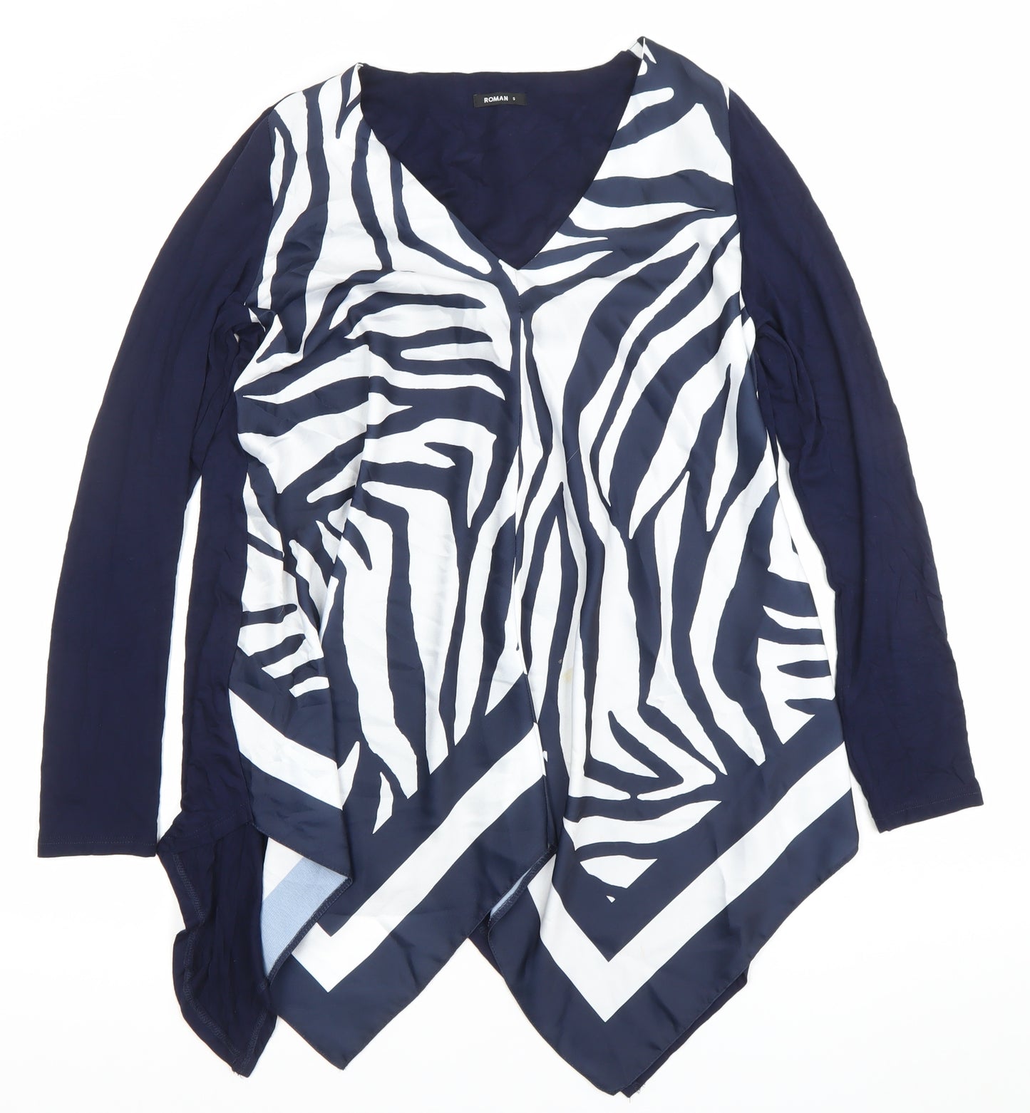 Roman Womens Blue Zebra Print Tunic Blouse Long Sleeve S V-Neck