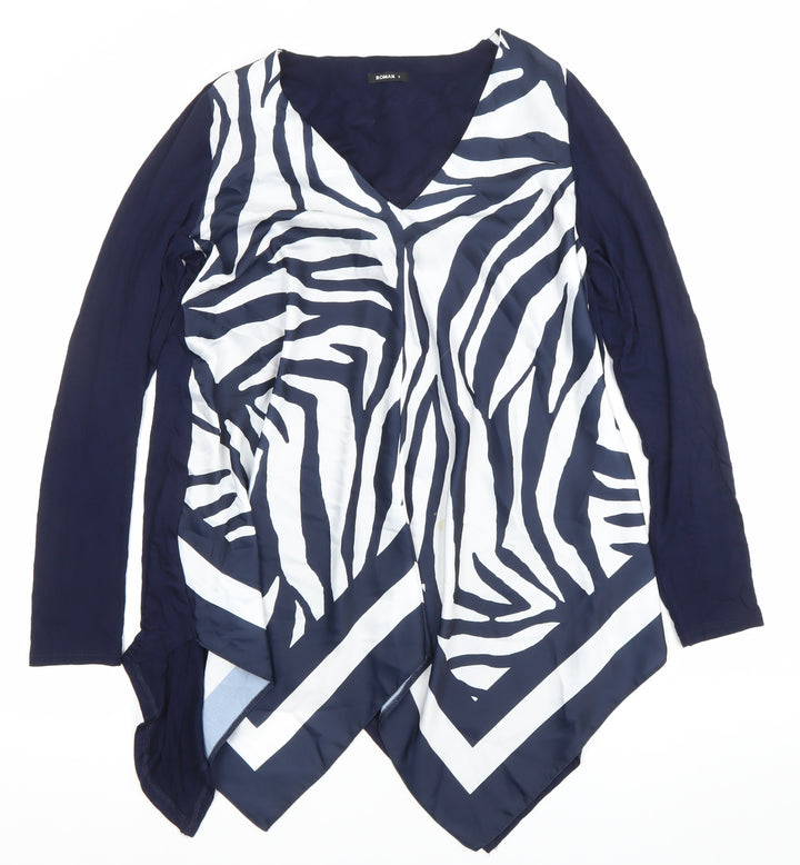 Roman Womens Blue Zebra Print Tunic Blouse Long Sleeve S V-Neck