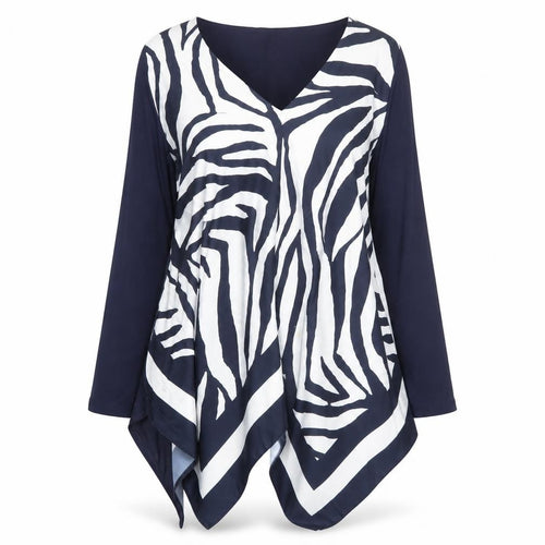 Roman Womens Blue Zebra Print Tunic Blouse Long Sleeve S V-Neck