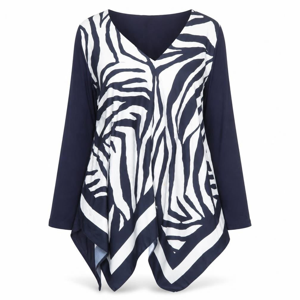 Roman Womens Blue Zebra Print Tunic Blouse Long Sleeve S V-Neck