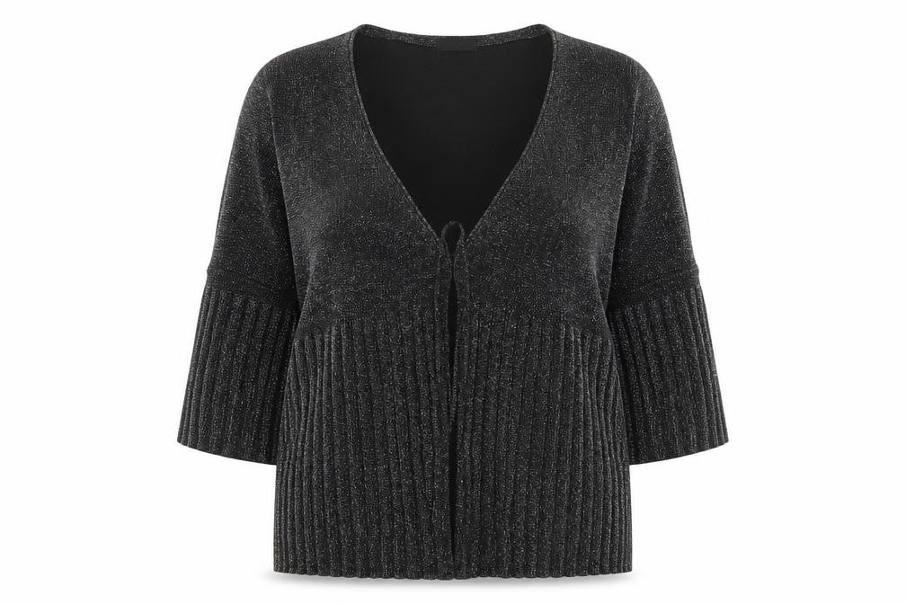 BM Collection Womens Black Glitter Cardigan L 3/4 Sleeve V-Neck