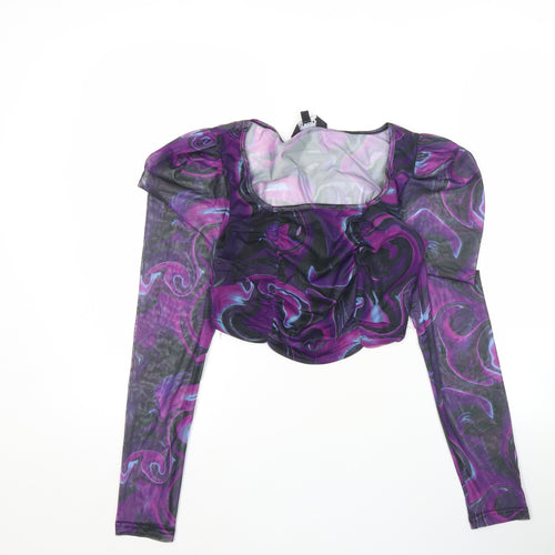 NAANAA Women’s Purple Mesh Cropped Blouse UK 8 Slim Fit Party Top