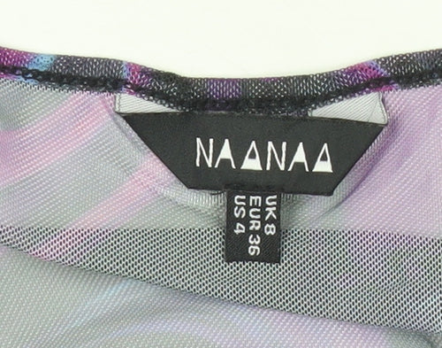 NAANAA Women’s Purple Mesh Cropped Blouse UK 8 Slim Fit Party Top