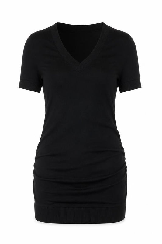 Front view of Zenana Outfitters women’s black l shift dress short sleeve v-neck