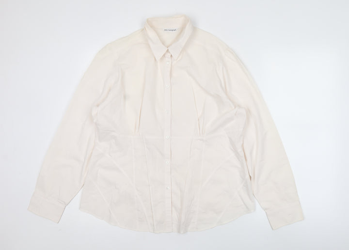 Marks & Spencer Women Ivory Size 18 Classic Button-Up Long Sleeve Cotton Blend Shirt