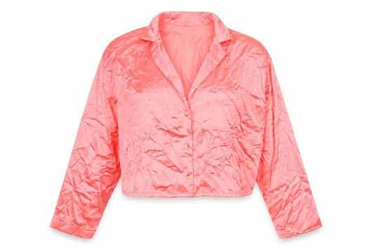 Front view of Urban Outfitters Women Pink Satin Button-Up Cropped Shirt M