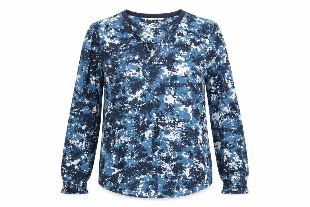 Front view of Tommy Hilfiger women’s blue camouflage viscose tunic blouse s