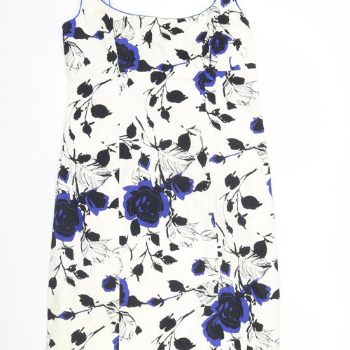 Début Women’s White Blue Black Floral Sheath Dress Size 14 Sleeveless Square Neck