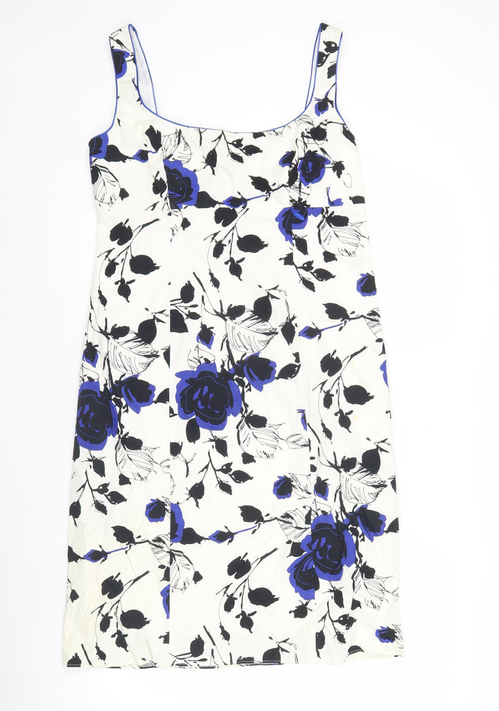 Début Women’s White Blue Black Floral Sheath Dress Size 14 Sleeveless Square Neck