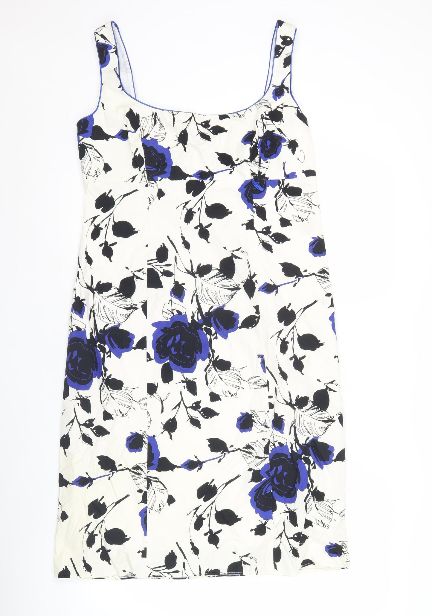 Début Women’s White Blue Black Floral Sheath Dress Size 14 Sleeveless Square Neck