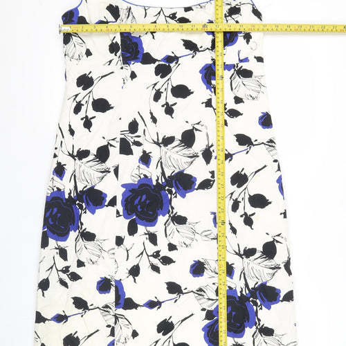 Début Women’s White Blue Black Floral Sheath Dress Size 14 Sleeveless Square Neck