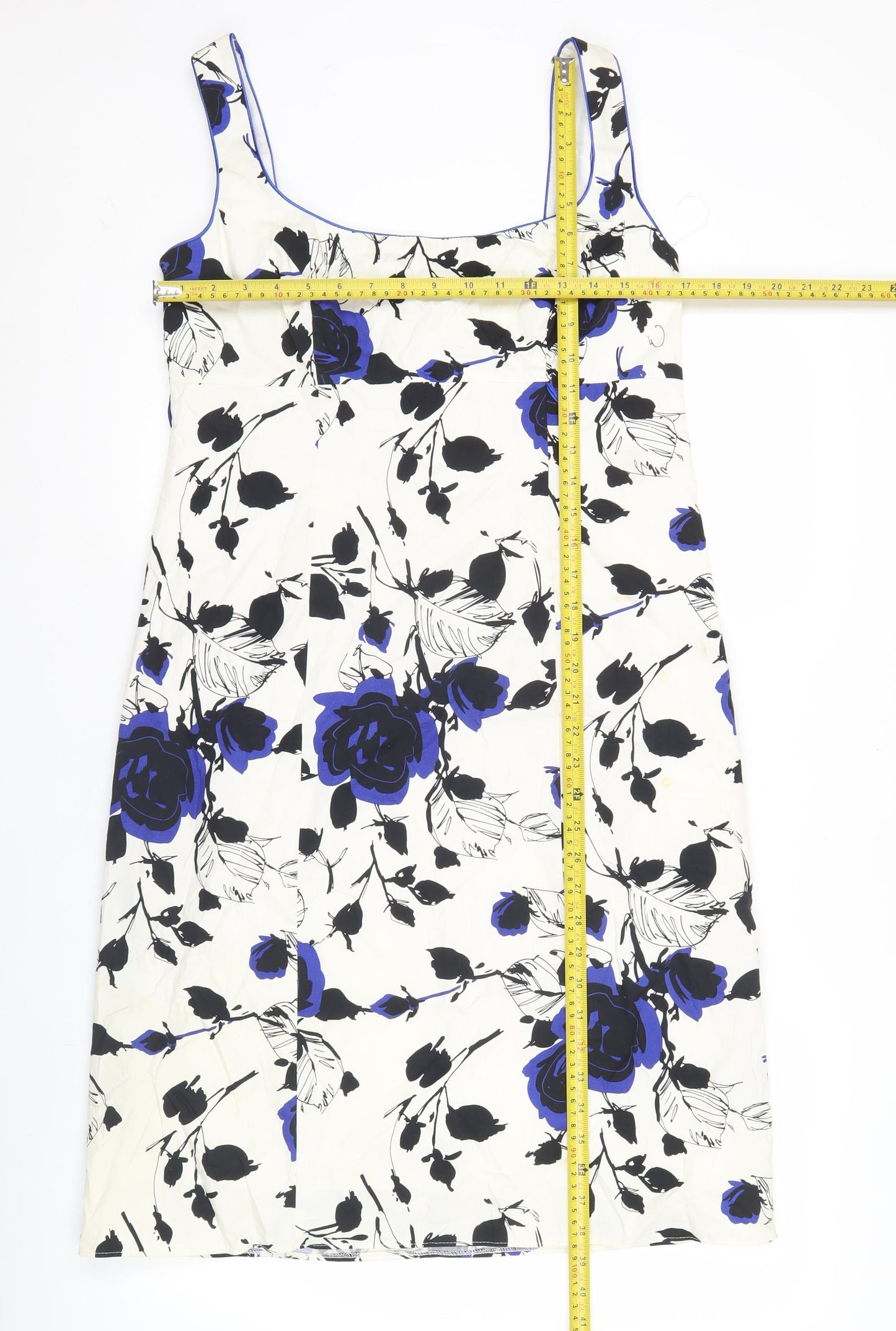 Début Women’s White Blue Black Floral Sheath Dress Size 14 Sleeveless Square Neck
