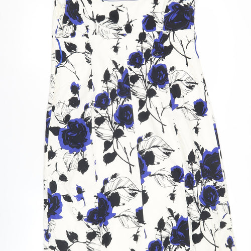 Début Women’s White Blue Black Floral Sheath Dress Size 14 Sleeveless Square Neck