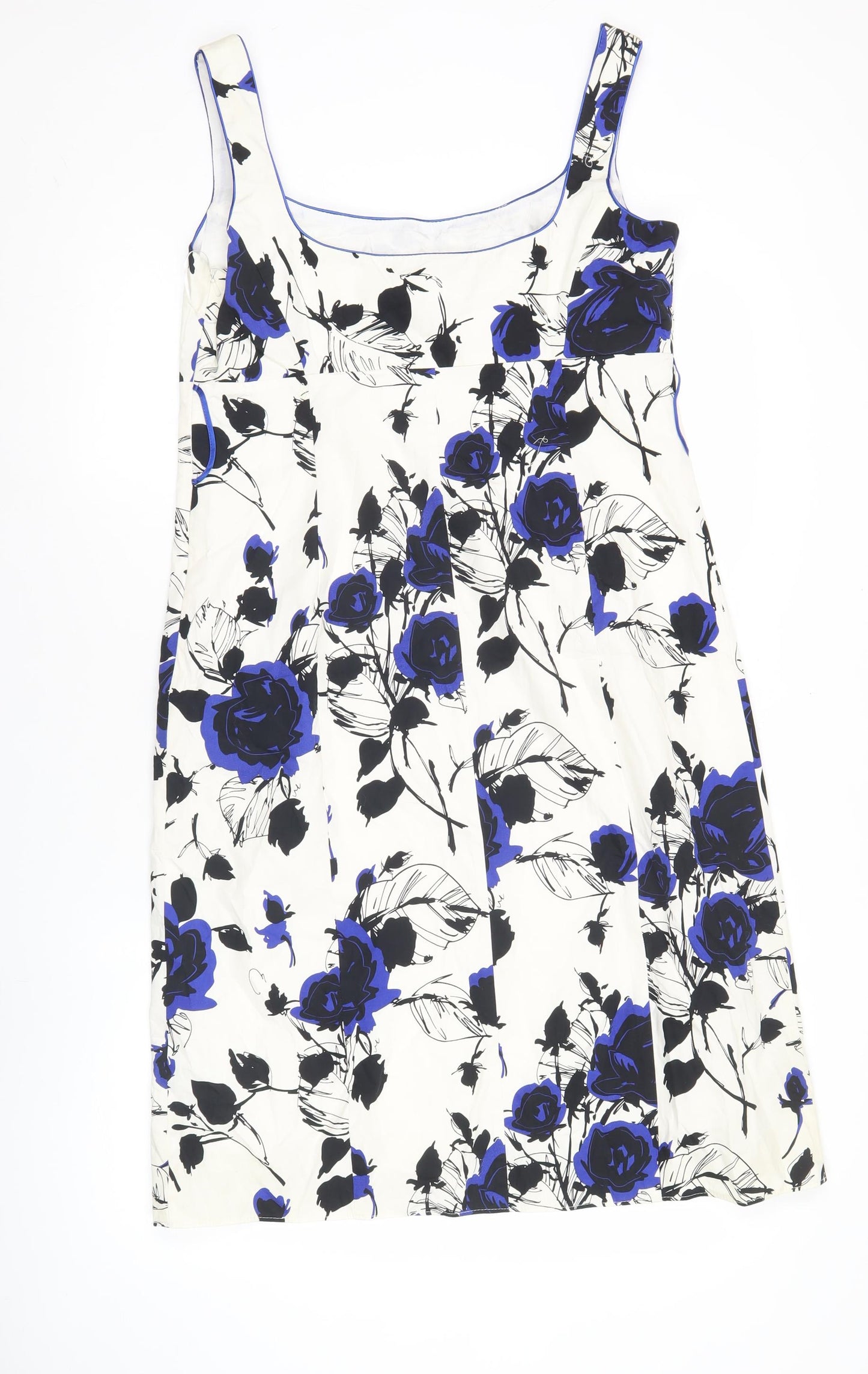 Début Women’s White Blue Black Floral Sheath Dress Size 14 Sleeveless Square Neck
