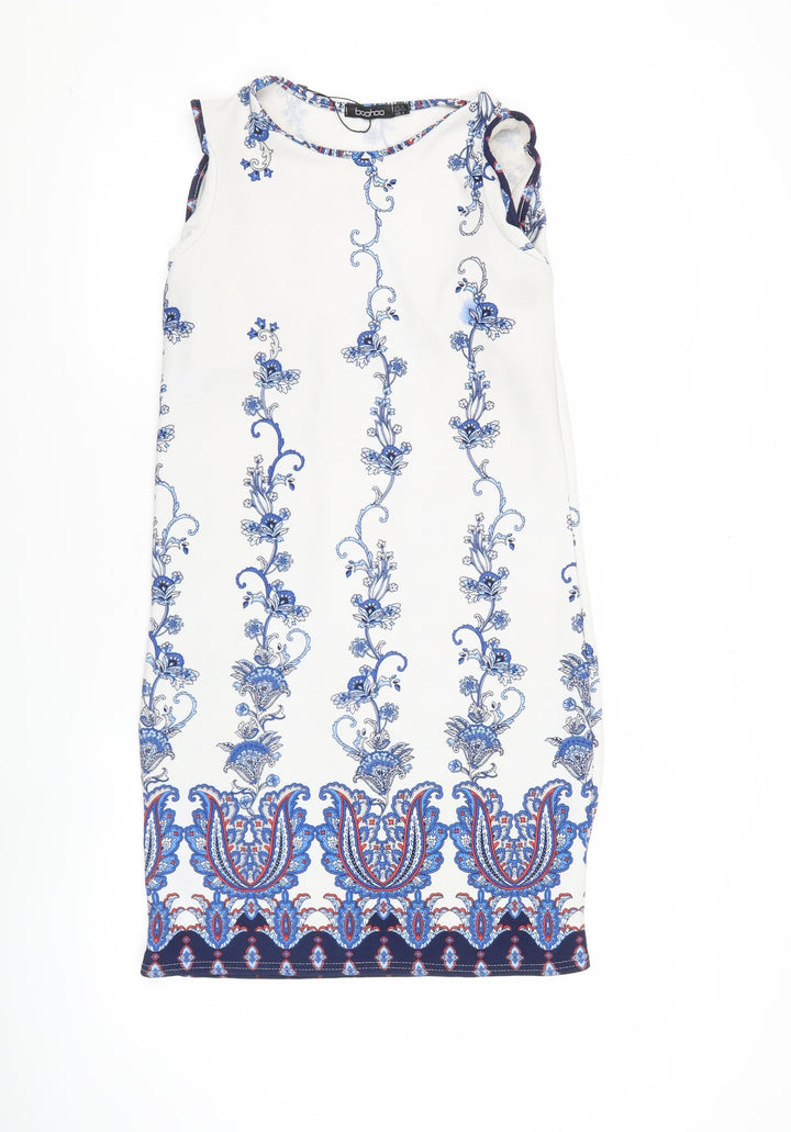 Boohoo Womens White Blue Sheath Dress Size 8 Sleeveless Floral
