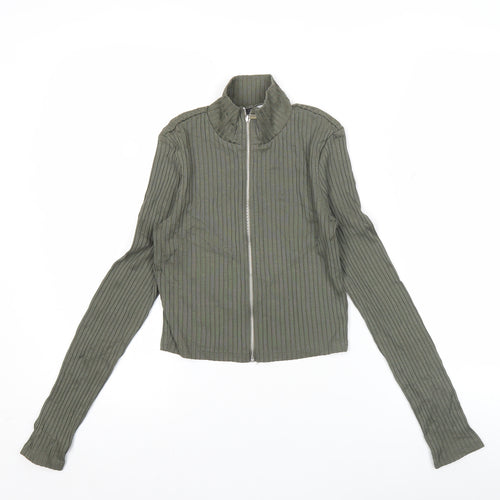 H&M Divided Women Green Slim Fit Ribbed Long Sleeve Zip Top S