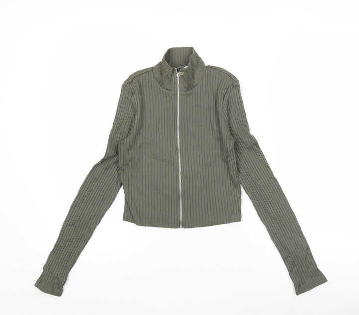 H&M Divided Women Green Slim Fit Ribbed Long Sleeve Zip Top S