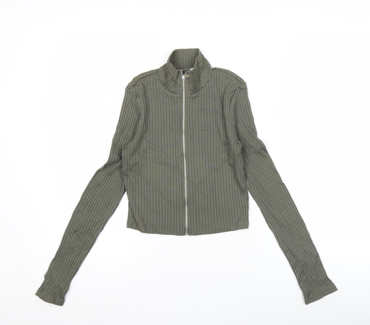 H&M Divided Women Green Slim Fit Ribbed Long Sleeve Zip Top S