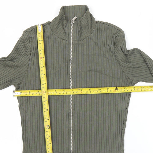 H&M Divided Women Green Slim Fit Ribbed Long Sleeve Zip Top S