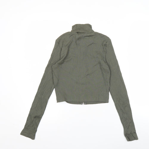 H&M Divided Women Green Slim Fit Ribbed Long Sleeve Zip Top S